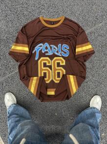 Manfinity EMRG Plus Size Men's Casual Colorblock Striped Letter Print T-Shirt, Summer - Coffee Brown - View 3