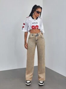 Jeans de mezclilla lavada de pierna recta informal para mujer