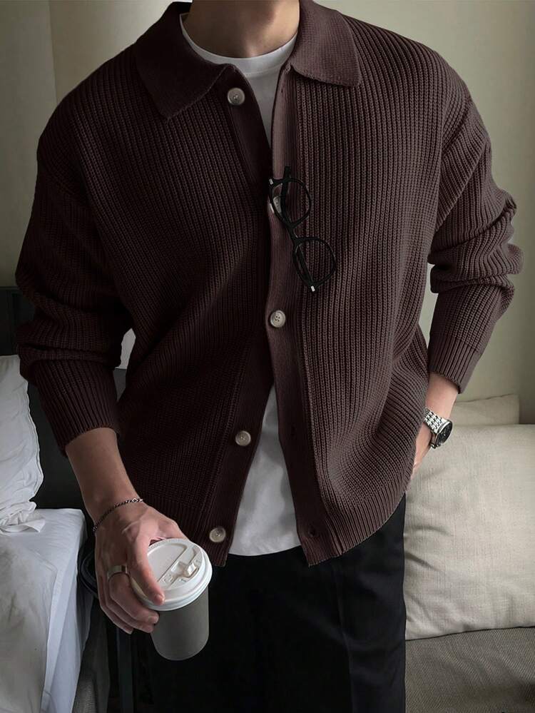 Men's Solid Color Loose Fit Dropped Shoulder Casual Cardigan, Autumn Jacket
