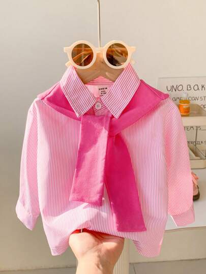 SHEIN Playful Pals 女婴 2 件套休闲条纹衬衫，带可拆卸披肩套装，柔软面料，妈妈户外度假或郊游的选择