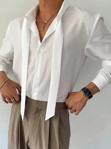 SHEIN X Scheana DAZY Men's Solid Color Long Sleeve Casual Commuter Shirt, Autumn, Fall Business Attire - White - View 5