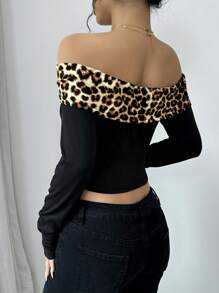 Rafferiza 性感露肩撞色豹纹女式 T 恤 图案猎豹印花 T 恤 女式上衣