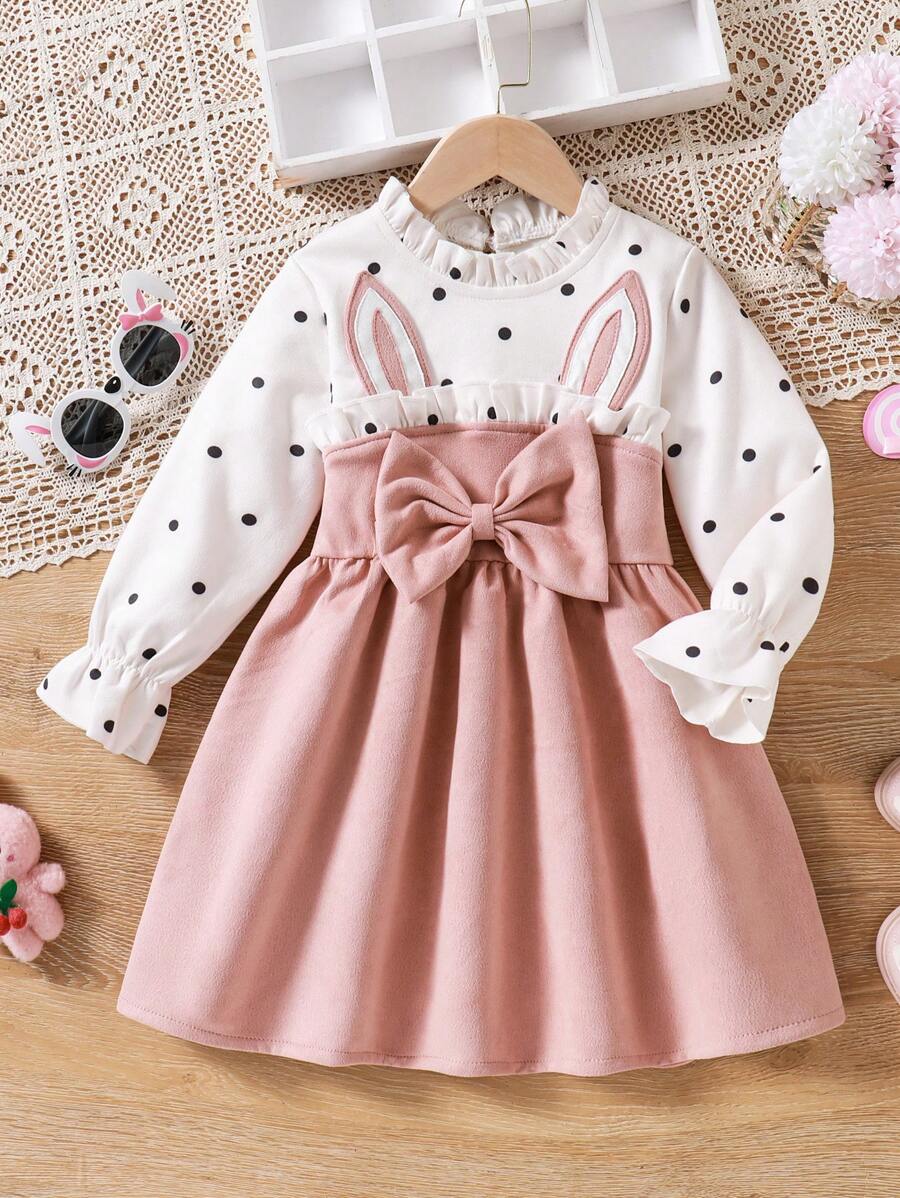 Young Girl Cute Polka Dot Patchwork Rabbit Ear Bow Ruffle Collar Long Sleeve Dress, Fall Winter New - White - View 1