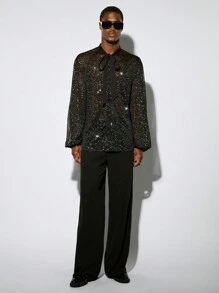 Manfinity VCAY 1pc Quần áo Y2K nam vui nhộn giản dị hợp thời trang đường phố cổ điển sequins dây buộc áo sơ mi dài tay có thể nhìn thấy quần áo mùa thu quần áo Halloween - màu đen - Xem 5