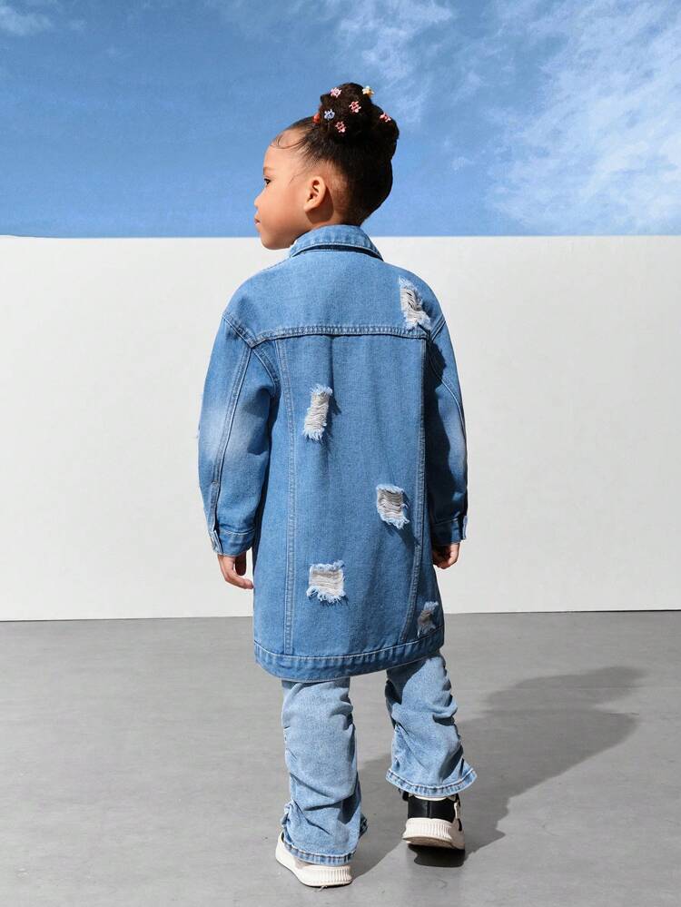 Y2K Streetwear Vintage Ripped Distressed Long Denim Jacket For Young Girls, Essential Casual Chic Fashion Item For Spring, Autumn, And Winter, School, Campus, College