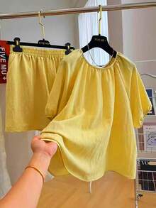 INAWLY 2 件大码女式纯色圆领插肩袖休闲宽松上衣和短裤套装，夏季 - 黃色 - 查看 6