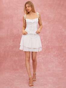 Enchnt Camiseta sin mangas con recogido y lazo delantero en unicolor para mujer - Blanco - Ver 6