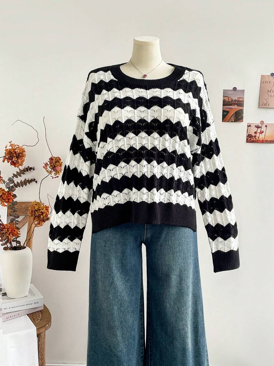 Soleia Áo len dệt kim dài tay kẻ sọc đen trắng cỡ lớn WYWH cho kỳ nghỉ dành cho nữ - Đen và trắng - Xem 1