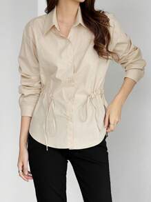 DAZY Women's Solid Color Simple Daily Long Sleeve Cinched Waist Blouse,Fall Clothes - Apricot - View 10