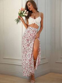 Breezaya Falda casual de vacaciones con abertura en el muslo y estampado floral para otoño - Rojo y blanco - Ver 5