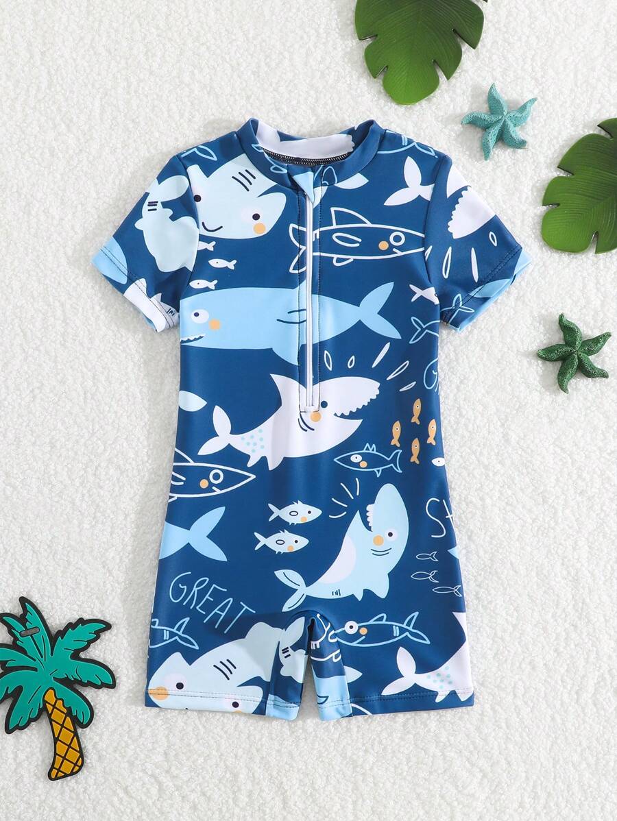 Đồ bơi liền thân tay ngắn in hình cá hoạt hình cho bé trai, dáng thường ngày, thích hợp đi nghỉ, đi biển - Nhiều màu - Xem 1