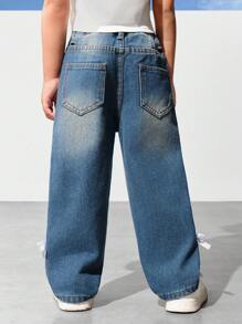 SHEIN Explorewe Young Girl Distressed Jeans With Contrast Stitches & Side Bands - Medium Wash - View 2