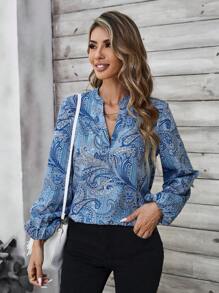 SHEIN LUNE Women's Vacation Plant Print Plunging V-Neck Lantern Sleeve Loose Blouse - Multicolor - View 4