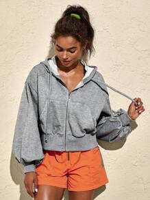 VARSIVA Sudadera deportiva casual de mujer con ajuste holgado, unicolor, hombros caídos, manga larga, cordón ajustable y cremallera, sudadera corta gris con cremallera, sudadera corta para chicas - Gris - Ver 1