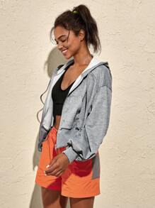 VARSIVA Sudadera deportiva casual de mujer con ajuste holgado, unicolor, hombros caídos, manga larga, cordón ajustable y cremallera, sudadera corta gris con cremallera, sudadera corta para chicas - Gris - Ver 6