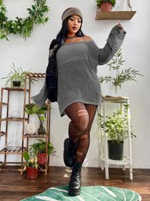 Flirla Plus Size Women Sheer & Hollow Out Long Sleeve Blouse - Dark Grey - View 5