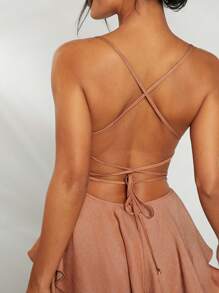 SHEIN Unity Shiny Tiered Ruffle Lace Up Backless Dress