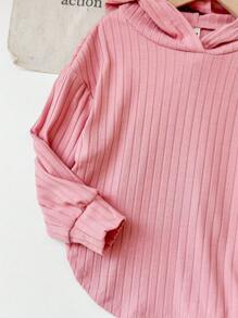 SHEIN 女婴针织弹力纯色连帽上衣和松紧腰裤套装，秋冬 - 粉色 - 查看 3