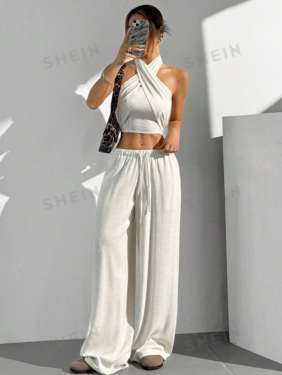 SHEIN EZwear 2 piezas/set Mujer Parte superior sin mangas con escote halter y espalda descubierta de unicolor y pantalones largos con cordón