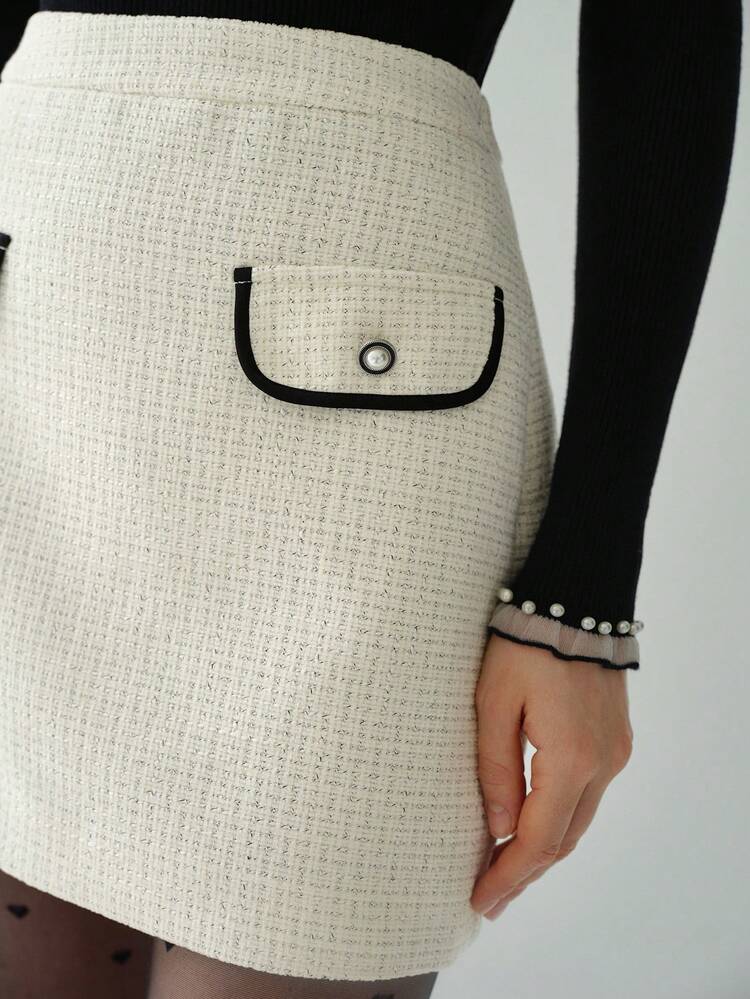 Autumn Romantic Retro Tweed Contrast Color Double Pockets Everyday Elegant Skirt