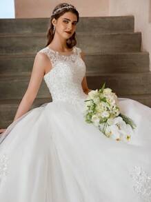 优雅婚纱手工串珠贴花精美婚纱，适合婚礼、新娘礼服、新娘