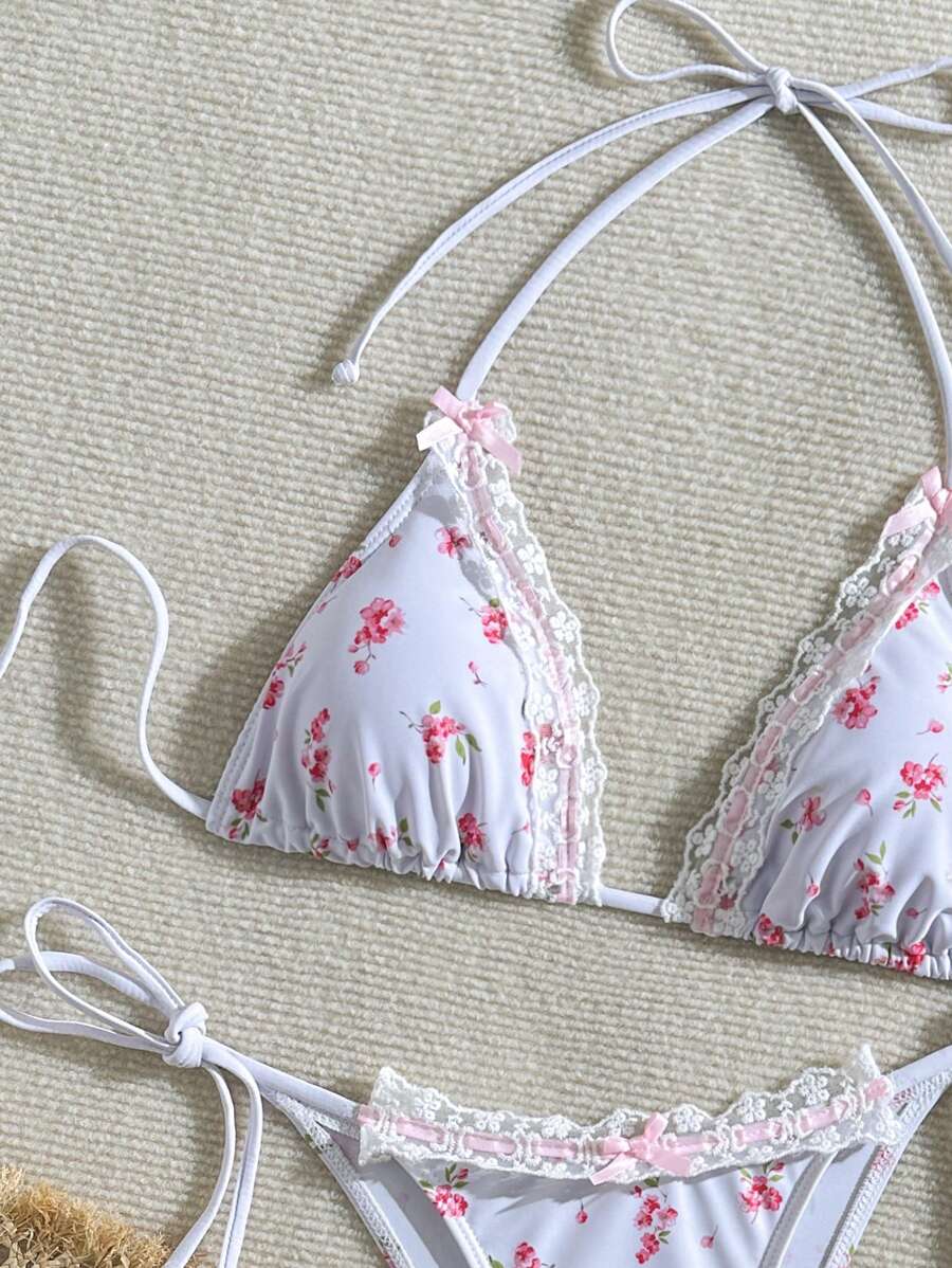 SHEIN Swim Bộ Bikini Đi Biển Mùa Hè Nữ Màu Tương Phản Ren Dây Thắt Dây Bộ Bikini Gợi Cảm - Nhiều màu - Xem 1