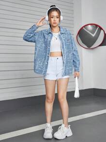 Loose Denim Shirt Jacket For Teen Girl - Light Wash - View 4