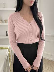 DAZY 女士休闲纯色 V 领长袖开衫毛衣，秋冬，秋季女装 - 粉色 - 查看 3