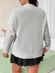 Flirla Plus Size Women V-Neck Tie-Front Drop Shoulder Long Sleeve Casual Knit Pullover Sweater Knit Pullover Fall Winter - Light Grey - View 2