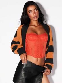 Glamine Women's Orange Contrast Color Stripe Bell Sleeve Cardigan Cropped Sweater Halloween Cardigan Sweater - Multicolor - View 5