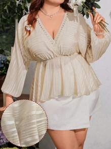 SHEIN Clasi Plus Size V-Neck Ruffle Trim Silver Blouse - Apricot - View 1