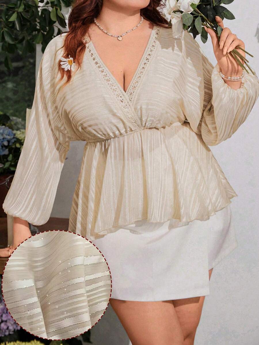 SHEIN Clasi Plus Size V-Neck Ruffle Trim Silver Blouse - Apricot - View 1