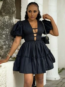 女士纯色简约灯笼袖短款休闲连衣裙