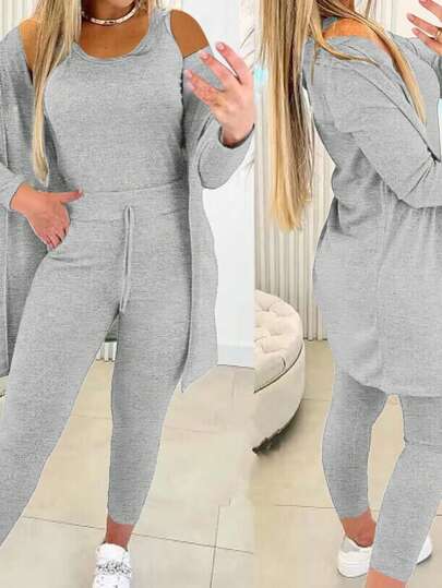 INAWLY Women's Solid Color Minimalist Daily Wear Long Sleeve Jacket, Sleeveless Top, And Long Pants Set Fall Cloth For Women