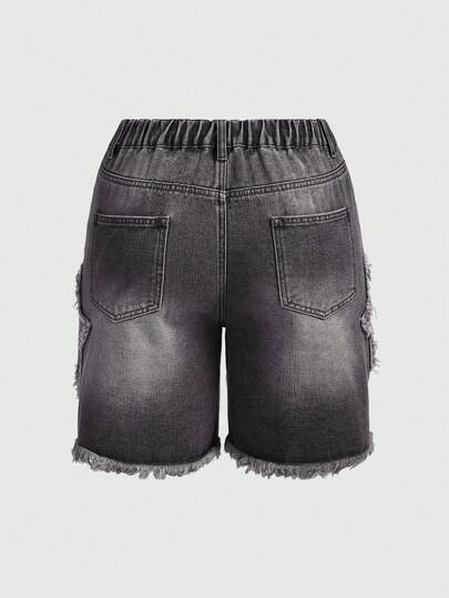 Grunge Punk Short en jean déchiré avec patchwork étoile, coupe droite ajustée décontractée, grande taille, pour l'école