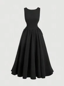 SHEIN MOD Vestido negro vintage elegante sin mangas de cuello redondo, vestido largo con cordones elegante para fiestas, atuendo elegante de otoño, vestidos de mujer de otoño, vestidos de disfraz - Negro - Ver 1