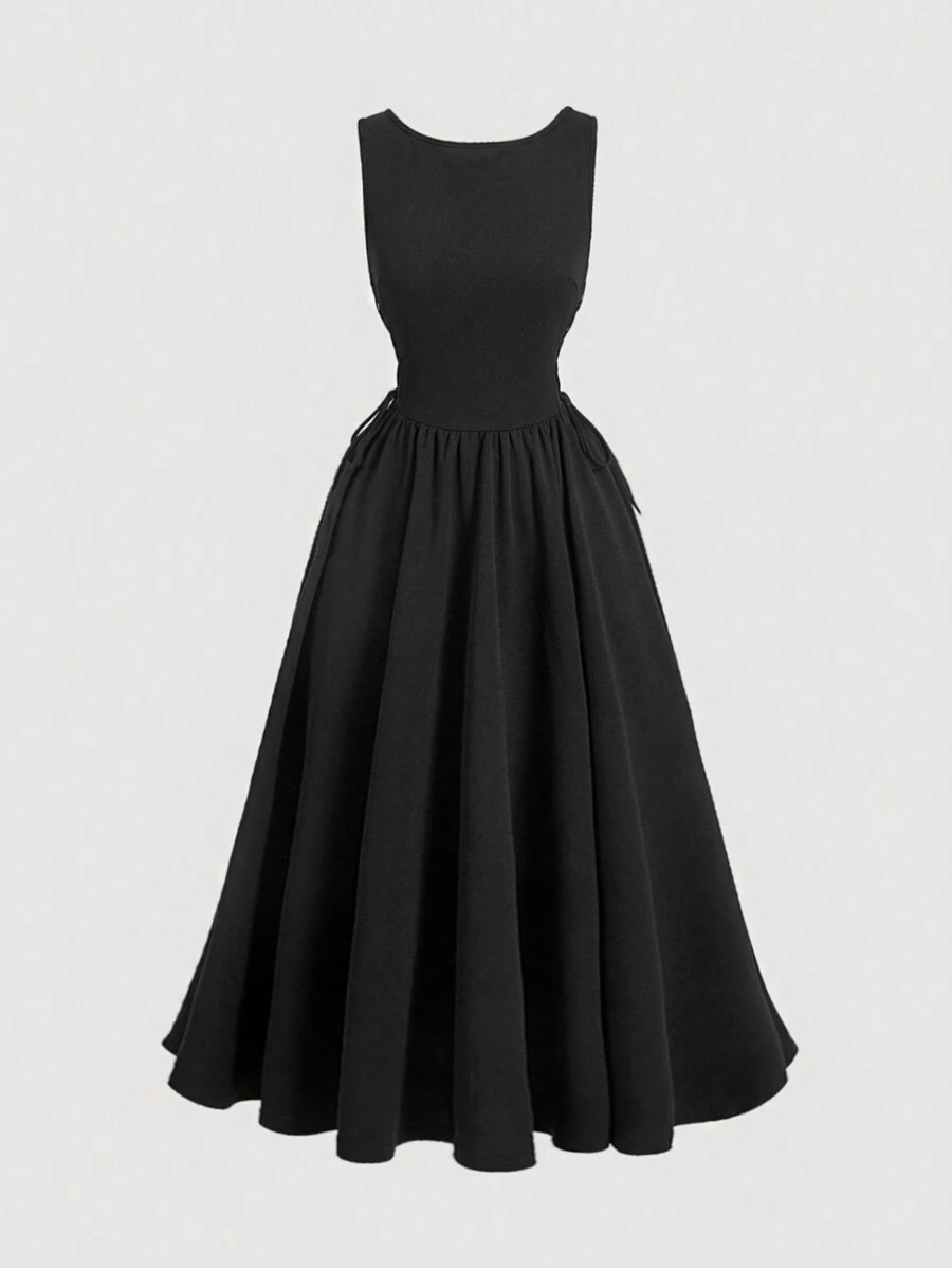 SHEIN MOD Vestido negro vintage elegante sin mangas de cuello redondo, vestido largo con cordones elegante para fiestas, atuendo elegante de otoño, vestidos de mujer de otoño, vestidos de disfraz - Negro - Ver 1