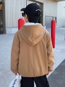 Chaqueta informal suelta tejida con bolsillo con parche y cremallera media para niños preadolescentes - Marrón - Ver 2