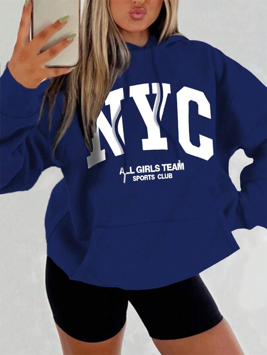 INAWLY Women's Letter Graphic Hooded Long Sleeve Sweatshirt,Long Sleeve Tops Pullover Fall - Royal Blue - View 1
