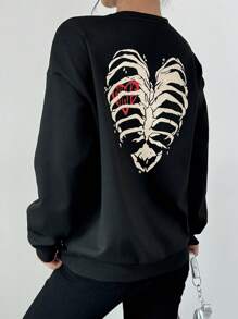Chiquease Sudadera casual de cuello redondo de manga larga con estampado de corazón de esqueleto simple para uso diario, tipo pullover para otoño - Negro - Ver 2