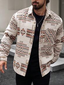 Manfinity RSRT Men's Geometric Pattern Long Sleeve Casual Loose Shacket, Spring Autumn Work Colorful Shacket, For Friends, Husband, Boyfriend Gifts - Khaki - View 7