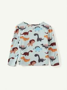 Cozy Pixies 2 piezas Pijama de niño pequeño con parte superior de manga larga y cuello redondo con estampado de dinosaurio de dibujos animados y pantalón largo - Verde - Ver 2