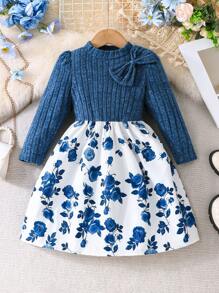 少女碎花针织泡泡袖短款上衣和波点印花拼接公主裙，蓝色，适合秋冬季