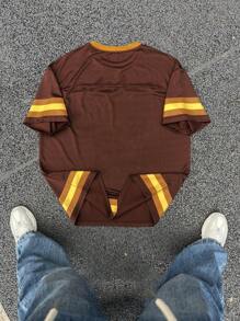 Manfinity EMRG Plus Size Men's Casual Colorblock Striped Letter Print T-Shirt, Summer - Coffee Brown - View 2