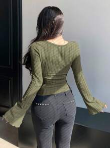 DAZY Women's Solid Color Cross V-Neck Ribbed Long Sleeve Slim T-Shirt, Spring Summer