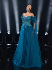 Glamrae Elegant And Gorgeous Navy Blue Asymmetrical Neck Off-Shoulder Floating Sleeves Chiffon Bone Bodice With Herringbone Stitching With Luxurious Handmade Sequins And Tulle Hem. Suitable For Weddings, Parties, Graduations, Proms And Formal Occasion Evening Gowns (Heavy Work Style), Long Sleeve Dress, For Wedding Guest, Dinner Party Dress - Navy Blue - View 7