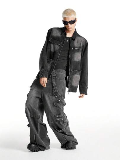 NEON BLANC 1pc Men's Black Distressed Cotton Denim Jacket