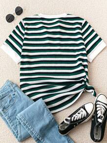 SHEIN LUNE Plus Size V-Neck Short Sleeve Striped Simple T-Shirt, Casual Daily Wear - Green - View 2