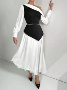 Modelyn 2 pièces Ensemble casual femme Top à manches Bardot de couleur unie et jupe mini