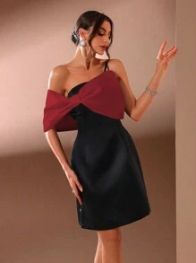 SHEIN Belle Burgundy Red Ladies Contrast Bow Decor Asymmetric Neck Elegant Cocktail Party Dress,Semi Formal Prom Gown For Wedding Guest,Birthday,Graduation&Dinner - Burgundy - View 1